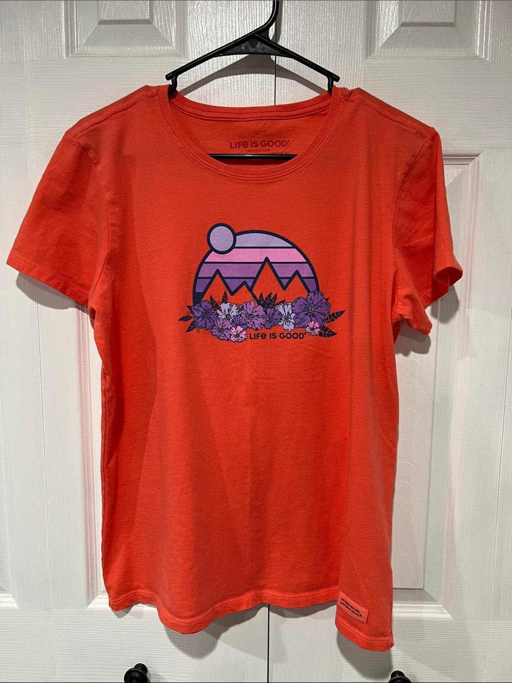 Life Is Good Orange Short Sleeve Graphic Tee with Purple Mountain Design